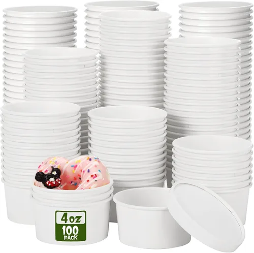Vista 21 de Fulmoon Paquete de 100 recipientes de papel para sopa con tapas, recipientes de papel desechables para alimentos con tapa ventilada, tazas de postre