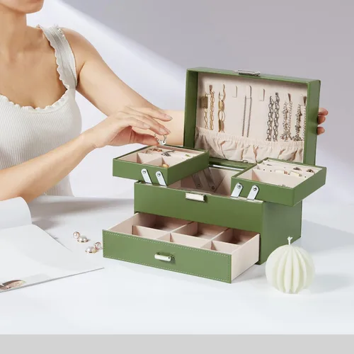 Vista 2 de Joyero de 3 capas grande de cuero organizador de joyas para mujeres y niñas, elegante y bien organizado para aretes, anillos, collares, pulseras