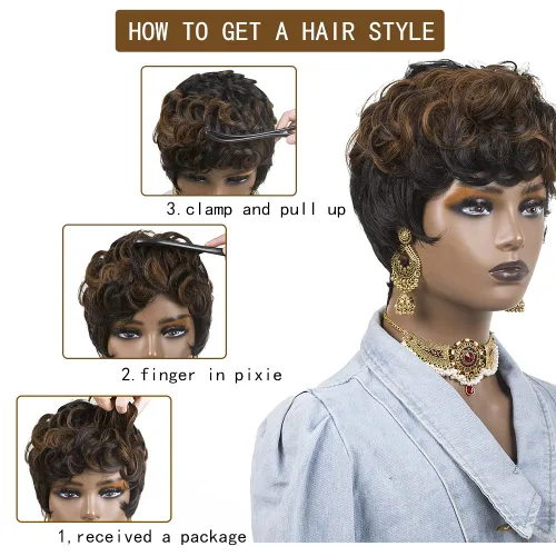 Vista 3 de Pelucas cortas de corte Pixie para mujeres negras, pelucas de corte Pixie con flequillo, negro mezclado con marrón, pelucas rizadas cortas