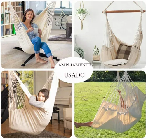 Vista 4 de Silla hamaca colgante de cuerda para interiores y exteriores, columpio de hamaca de tejido de algodón resistente, máximo 300 libras