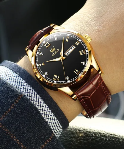 Vista 2 de OLEVS Tienda Watches, reloj de cuero marrón para hombre, reloj de fecha para hombre, reloj luminoso para hombre, reloj de vestir para hombre, reloj