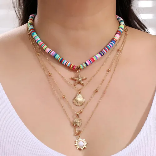 Vista 6 de Collares largos para mujer, collares bohemios en capas, collar de concha marina de vieira dorada (multicolor, talla única)