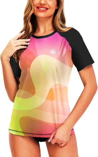 Vista 126 de AOBUTE Camisetas de natación de manga corta para mujer con protección solar degradada