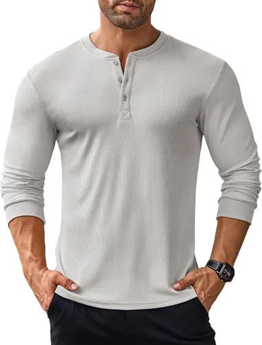 Vista 7 de COOFANDY Camisas Henley de manga larga para hombre, camisetas elásticas acanaladas, camisetas básicas casuales de moda