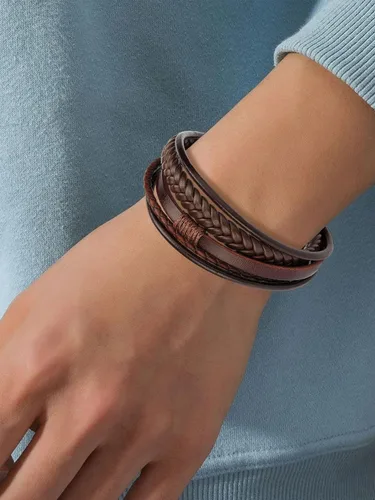 Vista 5 de Pulseras de cuero para hombre, pulseras de cuero trenzado multicapa con cierre magnético, pulsera ajustable para niños
