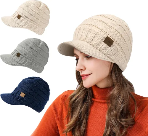 Vista 6 de Sombreros de invierno para mujeres - Gorro de punto cálido y con estilo, grueso, con visera, lindos sombreros de invierno suaves y elásticos