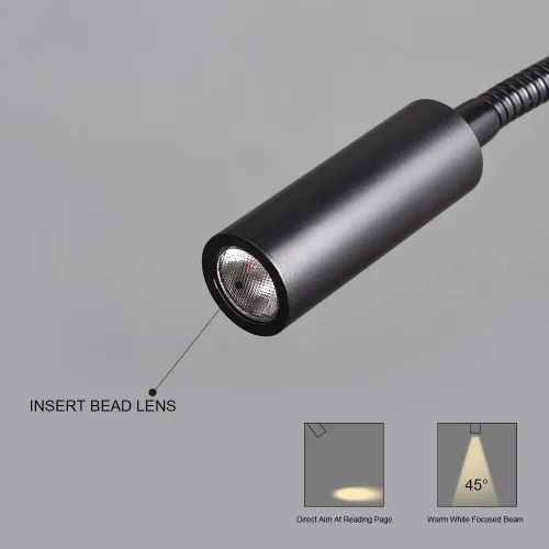 Vista 4 de Luz de lectura montada en la pared Interruptor táctil regulable LED 3W blanco cálido 3000K adaptador de CA (negro)
