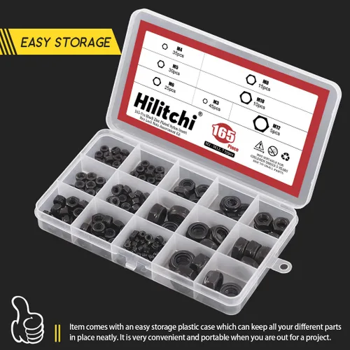 Vista 7 de Hilitchi Kit surtido de tuercas hexagonales de nailon chapado en zinc negro, 165 piezas