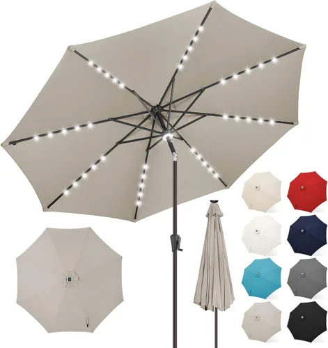 Vista 14 de FLAME&SHADE Sombrilla de exterior de 9 pies con 40 luces LED, sombrilla de patio con luz solar y luz envolvente central, sombrilla de mercado