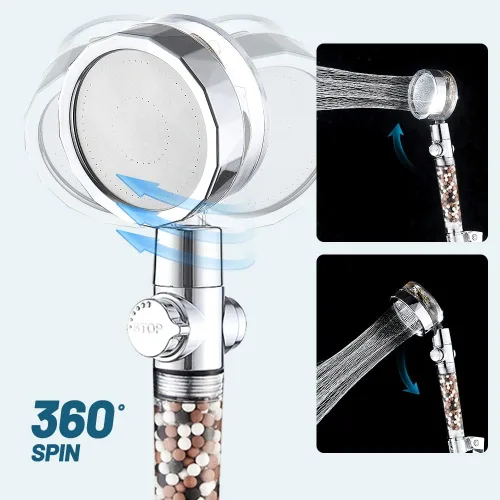 Vista 6 de MineralStream - Cabezal de ducha de mano de alta presión Turbo con piedras minerales para filtración, perfecto para cabello seco y piel, cabezal