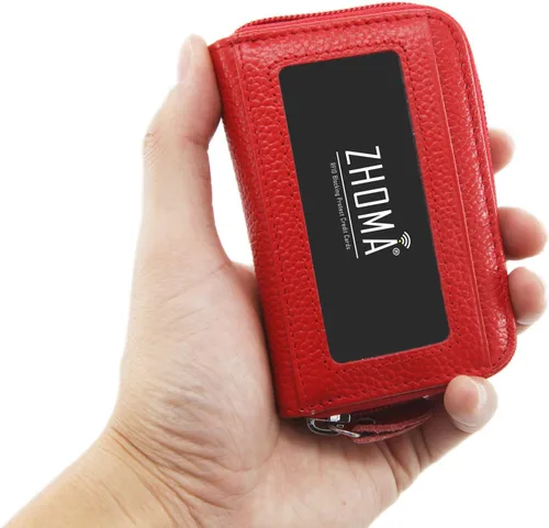 Vista 5 de Zhoma Tarjetero RFID de bolsillo con ventana para ID piel genuina S Rojo