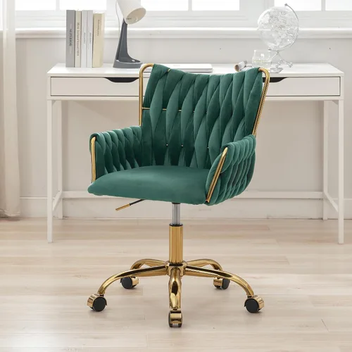 Vista 15 de Silla de escritorio de terciopelo, taburete de tocador, sin ruedas, moderno sillón dorado con patas de acento
