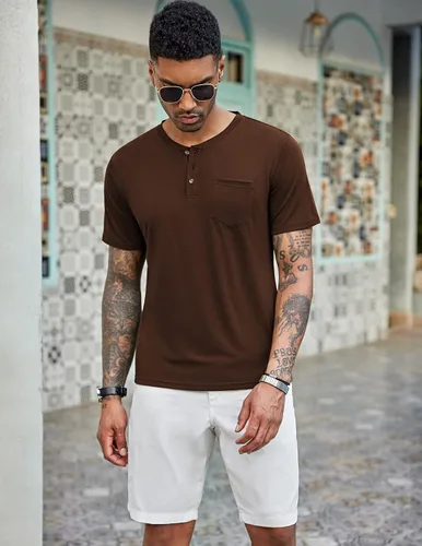 Vista 2 de COOFANDY Paquete de 3 camisetas Henley de manga corta para hombre, estilo casual, básicas, de verano, con bolsillo