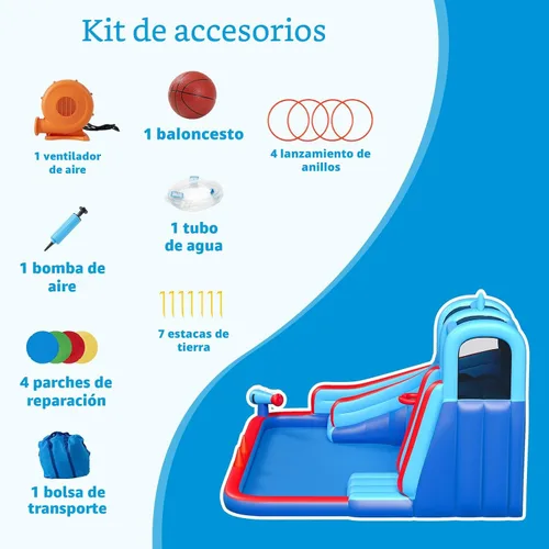 Vista 5 de Tobogán acuático inflable para patio trasero de niños con soplador de 450 W, castillo de salto con tobogán de agua, parque acuático para actividades