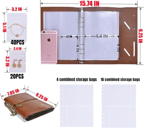 Vista 5 de WILLOWDALE Organizador de joyas de viaje de piel sintética con bolsillos y 60 bolsas de PVC antioxidación, organizador de aretes, estuche de viaje