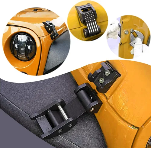 Vista 2 de Pestillos de Capó con Cierre y Estilo de Bandera de EE.UU., Kit de Pestillo de Bloqueo Ajustable Compatible con Jeep Wrangler 2007-2018 JK JKU