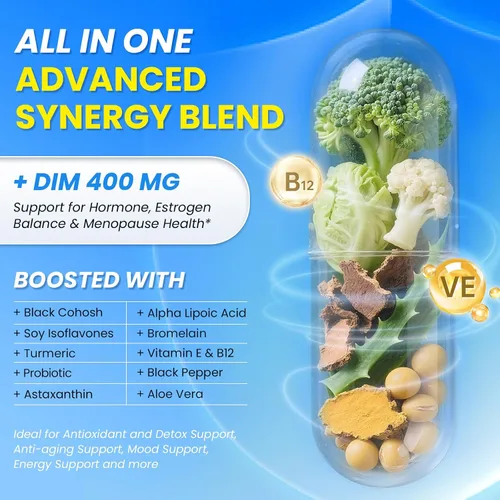Vista 2 de Lukaree DIM Suplemento 400 mg para mujeres – 12 en 1 cápsulas liposomales diminutas – con cohosh negro, isoflavonas de soja y ácido alfa lipoico