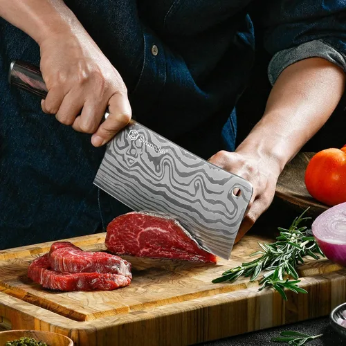 Vista 3 de Sunnecko Cuchillo de carnicero de 7 pulgadas, cuchillo chino de acero inoxidable de alto carbono con mango de madera, cuchilla afilada para carne