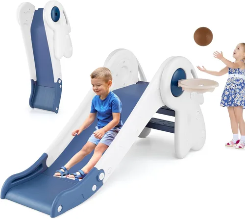 Vista 10 de BABY JOY Tobogán plegable para niños pequeños, juego independiente de escalador para bebés con aro de baloncesto, juego de tobogán para niños