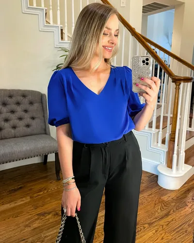 Vista 7 de GRAPENT Blusa de manga corta abombada con cuello en V para mujer