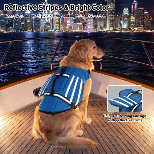 Vista 4 de Petglad Chaleco salvavidas para perro, chaleco salvavidas ajustable con alas lindas con flotador de barbilla y asa, para nadar, navegar, chaleco Azul