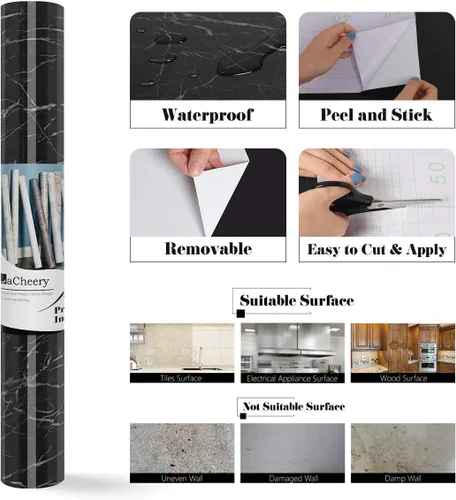 Vista 7 de LACHEERY Papel de contacto de mármol negro decorativo autoadhesivo para encimeras, 12 x 160 pulgadas, papel tapiz negro para encimeras de gabinetes