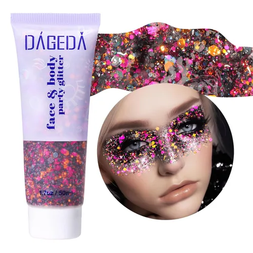 Vista 35 de DAGEDA Gel de purpurina corporal, lentejuelas de gel corporal con purpurina para la cara, sombra de ojos líquida, purpurina gruesa para cara, Negro