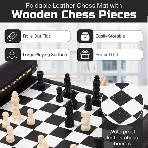 Vista 2 de Juego de ajedrez enrollable, tapete de ajedrez plegable de cuero de 11 pulgadas con piezas de ajedrez de madera, juego de ajedrez de viaje portátil