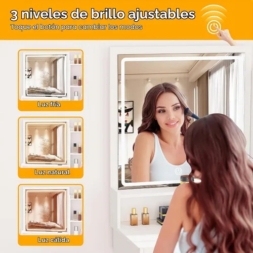 Vista 2 de Tocador de maquillaje con luces y espejo, escritorio de tocador blanco, tocador con cajones grandes, 3 modos de iluminación, espejo de longitud
