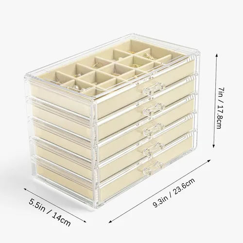 Vista 5 de KAMIER Caja organizadora de aretes con 5 cajones, caja organizadora de joyas de acrílico transparente para mujeres, juego de 20 bolsas de joyería