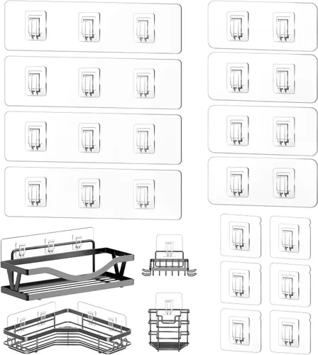 Vista 9 de Paquete de 4 adhesivos de repuesto para estante de ducha, ganchos adhesivos transparentes sin perforación con pegatinas, tira de gancho de pared