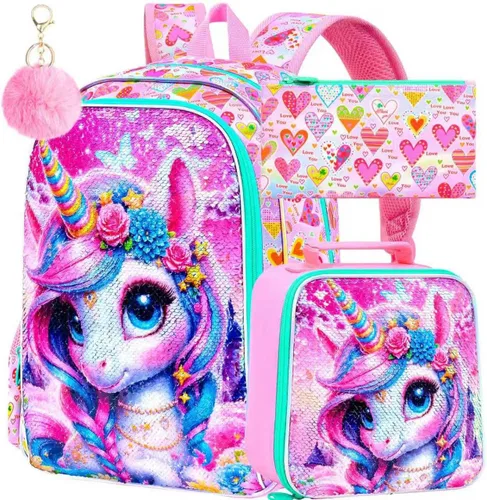 Vista 14 de 3 piezas de mochilas infantiles para niñas, 41 cm, mochila escolar preescolar y lonchera con diseño de unicornio/sirena/flamenco Mochila