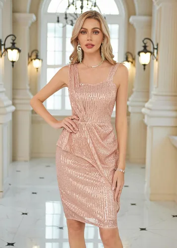 Vista 2 de GRACE KARIN Vestido de lentejuelas fruncido 2023 para mujer, con tirantes asimétricos, vestido de tubo para fiesta