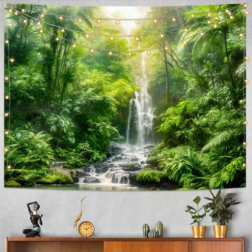 Vista 18 de Kanuyee Tapiz de bosque verde, tapiz de paisaje para pared, tapices de naturaleza para techo y pared, colgante para dormitorio, sala de estar