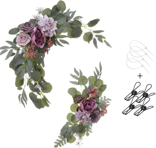 Vista 7 de Botín de flores artificiales rojas (juego de 2) para letrero de bienvenida, arco de boda, decoración floral, decoración de boda, ceremonia, Borgoña