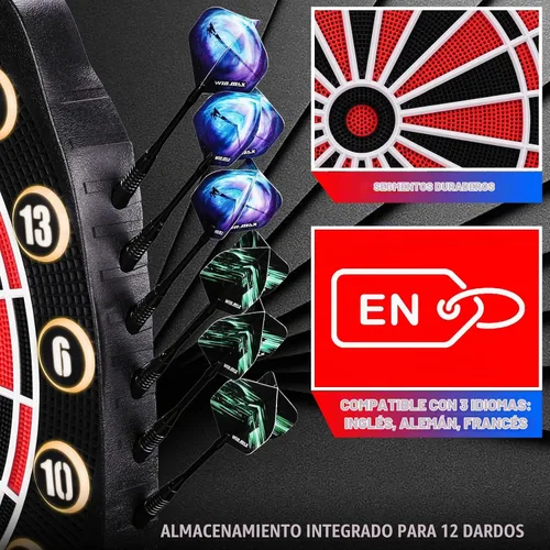 Vista 6 de WIN.MAX Tablero electrónico de dardos de punta suave, juego de pantallas LED, 3 idiomas con 12 dardos 100 puntas adaptador de corriente ROJO/NEGRO