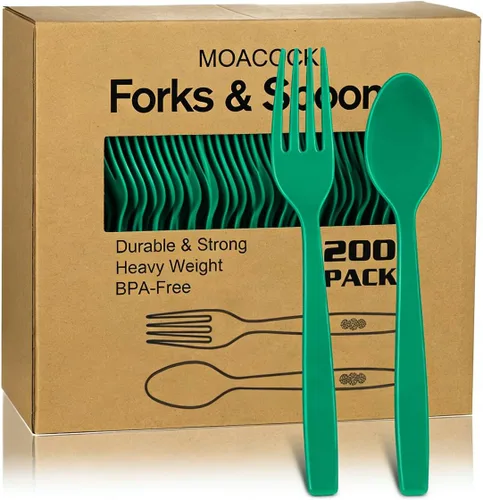 Vista 11 de MOACOCK 200 piezas de cubiertos de plástico negro plateado, tenedores y cucharas de plástico de peso pesado, juego de utensilios desechables