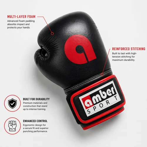Vista 2 de Amber Fight Gear Professional Leather Boxing Gloves – Hook & Loop Training Gloves for Muay Thai, Kickboxing & Sparring – Multi-Layered Foam