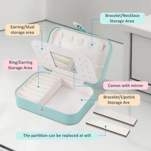 Vista 3 de AONCO Joyero, caja de almacenamiento portátil de joyería de viaje, caja de joyería pequeña para mujer, caja de almacenamiento de aretes con espejo