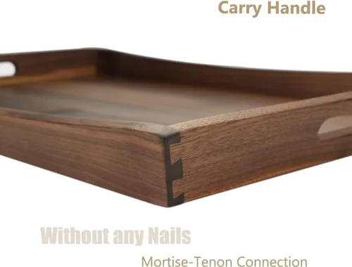 Vista 3 de Bandeja otomana rectangular grande de madera de nogal negro curvada de 28 x 18 pulgadas con asas, sirve té, café, bandeja decorativa de madera