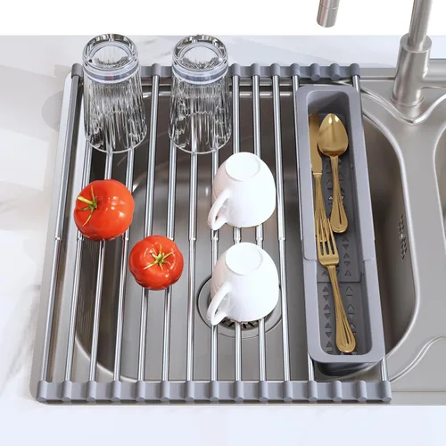 Vista 12 de Estante de secado de platos sobre el fregadero, expandible, pequeño, negro, escurridor para secar para la encimera de la cocina, metal de acero