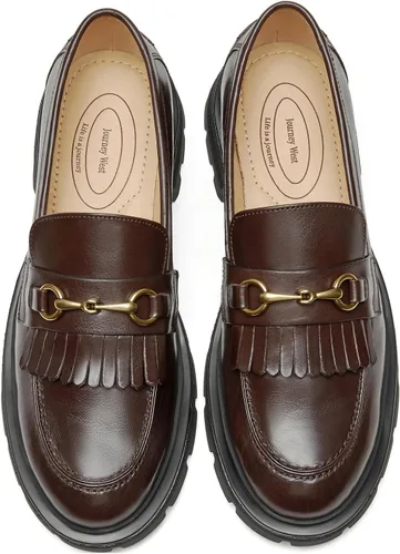 Vista 2 de Zapatos de vestir de cuero genuino para mujer, mocasines gruesos con borlas para mujer