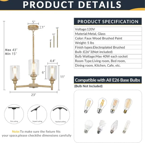 Vista 5 de Candelabros rústicos de madera falsa de 3 luces para comedor con cubierta de vidrio transparente