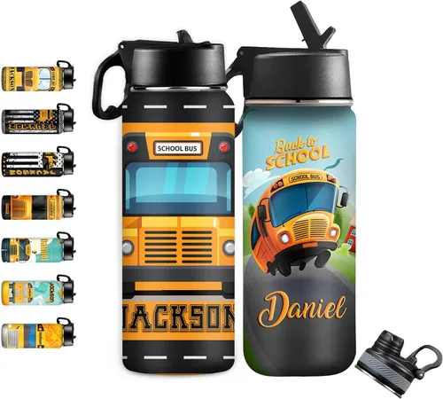 Vista 26 de InterestPrint Botella de agua personalizada para niños de 18 onzas con tapa de pajilla, botella de agua aislada de doble pared de acero inoxidable
