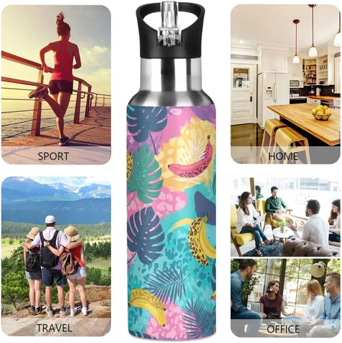 Vista 5 de Botella de agua deportiva sin BPA aislada de 20 onzas, botella de agua aislada de acero inoxidable con popote para gimnasio, viajes al aire libre