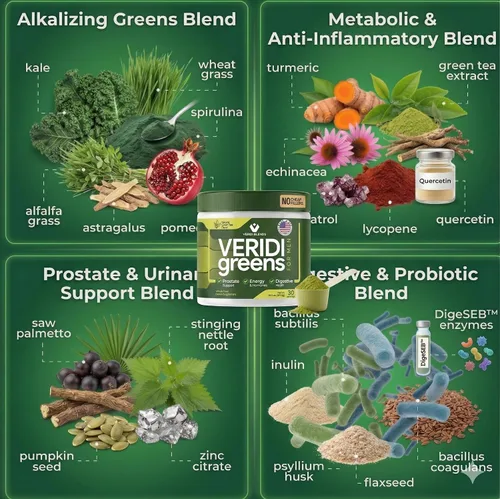 Vista 6 de Veridi Greens for Men 40+ Superalimento en polvo con palma enana americana 200 mg y espirulina Salud diaria de la próstata, flujo urinario
