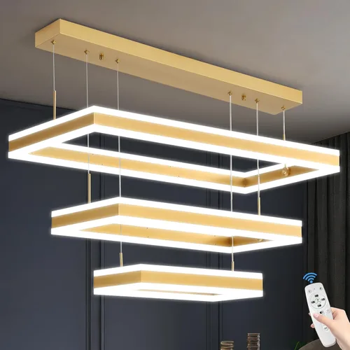 Vista 14 de Candelabros modernos para sala de estar, 2 anillos rectángulos, lámpara colgante de isla de cocina, lámpara LED regulable para comedor y dormitorio