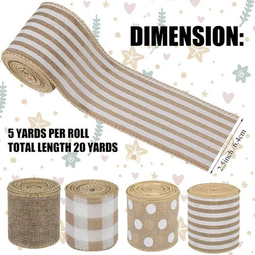 Vista 2 de 4 rollos de cinta de tela de arpillera con alambre de arpillera con borde de cinta de punto blanco a rayas de cuadros de cinta rústica de granja