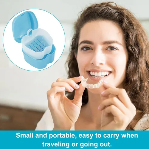 Vista 4 de Estuche de dentadura para dentadura postiza, caja de almacenamiento de dientes falsos con cesta de enjuague, caja de almacenamiento portátil