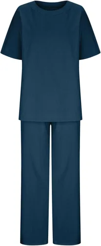 Vista 8 de Conjuntos de verano de 2 piezas para mujer, conjuntos elegantes y casuales de color liso, para verano, otoño, cuello redondo, tops y pantalones